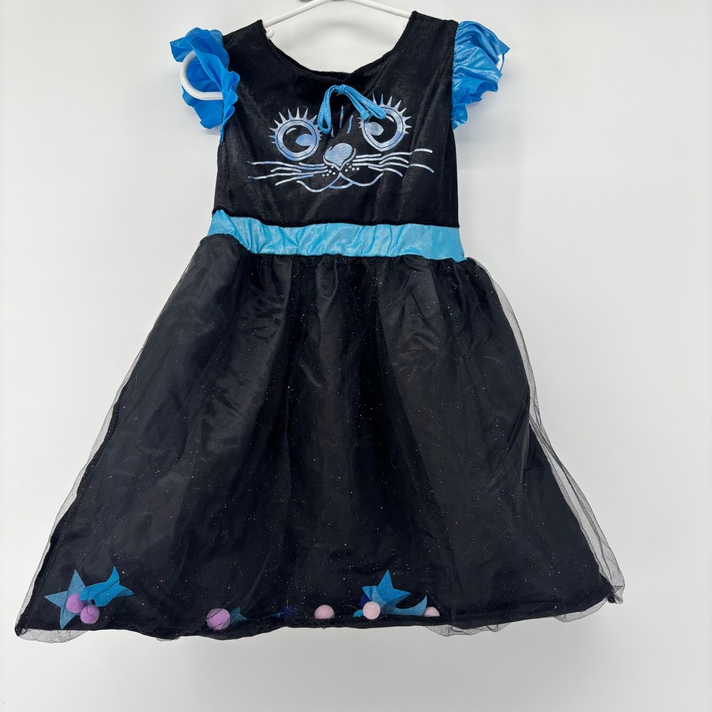 Girls Black Velvet Cat Costume Dress Blue Ruffle Sleeves Tulle Skirt with Tail